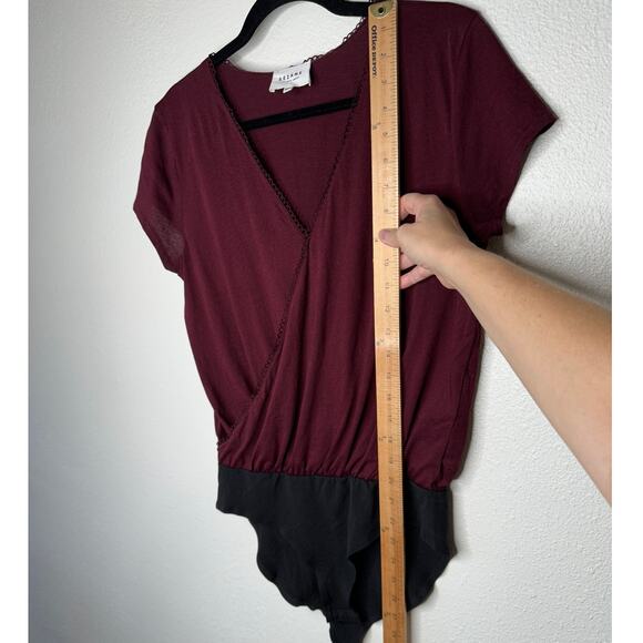 Sezane Burgundy & Black Thibault Bodysuit Crossover Neckline Short Sleeve - Picture 12 of 13